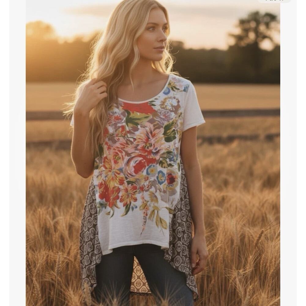 Anthropologie Little Yellow Button Mix Print Tee Boho Eclectic Cottage Artsy S